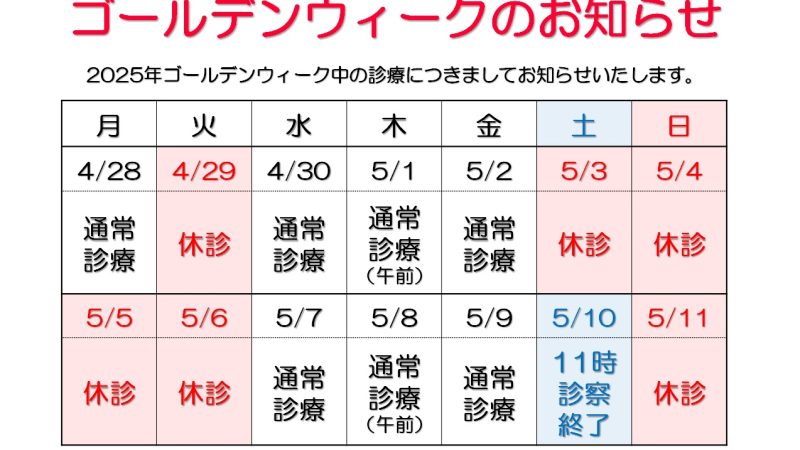 【2025年のゴールデンウィーク診療につきまして】